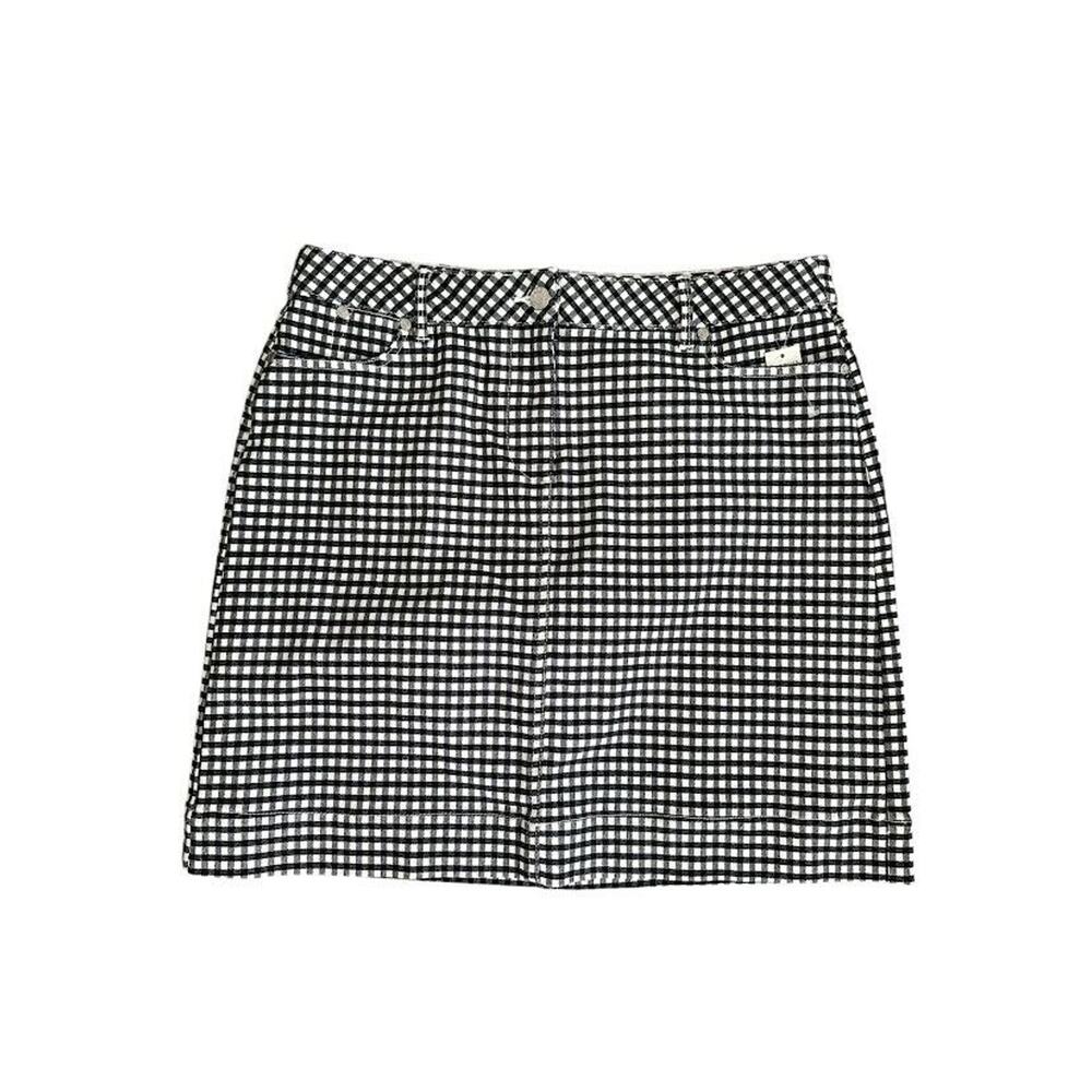 TALBOTS Skirt Size 12 Petite 12P Black White Denim Gingham‎ Check A-Line Stretch